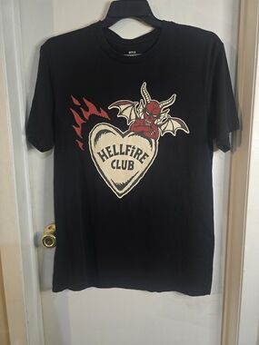 Netflix Black Hellfire Club Graphic Tee with Red and Cream Design